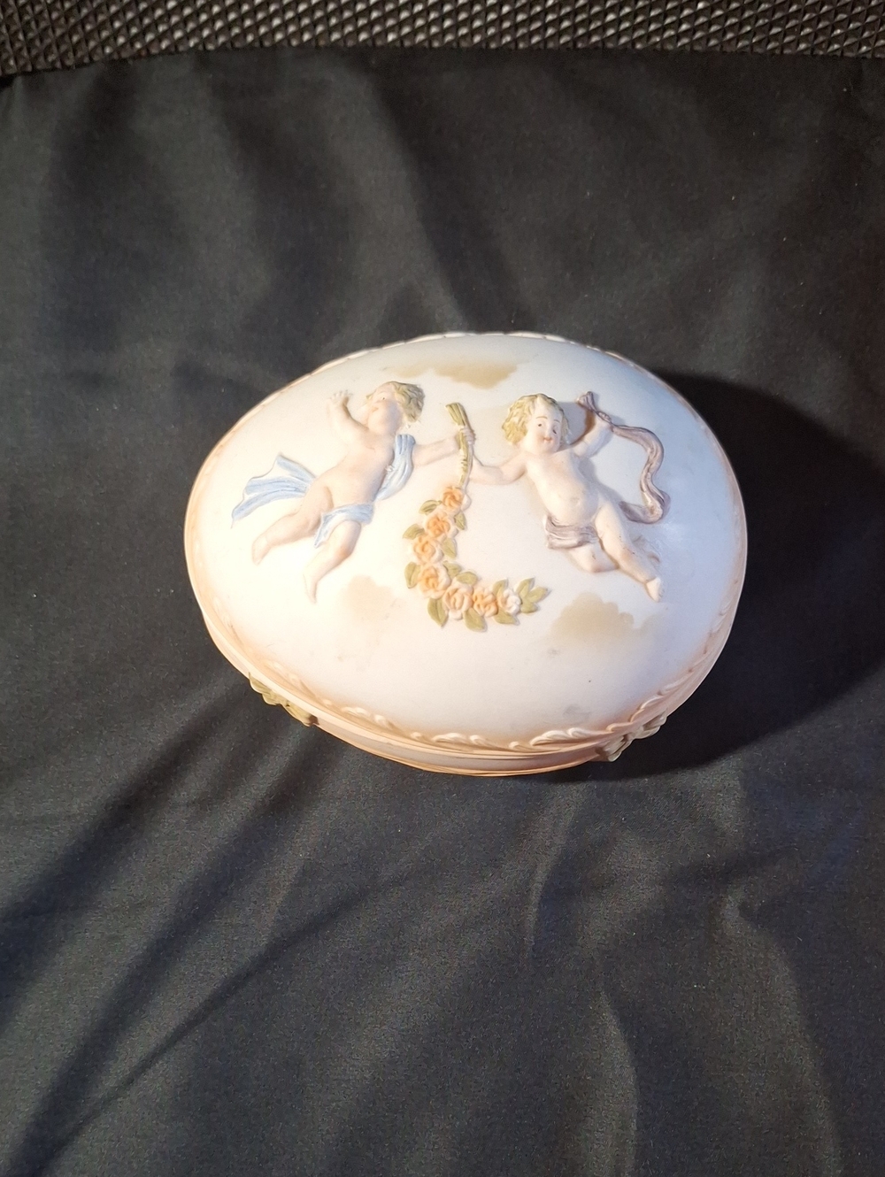 Vintage Andrea by Sadek Bisque Porcelain Cherub Oval Egg Trinket